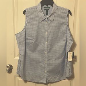 Lauren Ralph Lauren, Light Blue Gingham Sleeveless Button Down Top, Size 2X